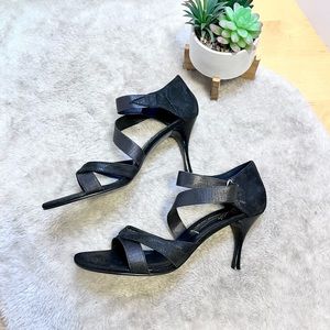 Donald J Pliner | Black Leather/Textile Strappy Heels "Jeruse" Size 9.5